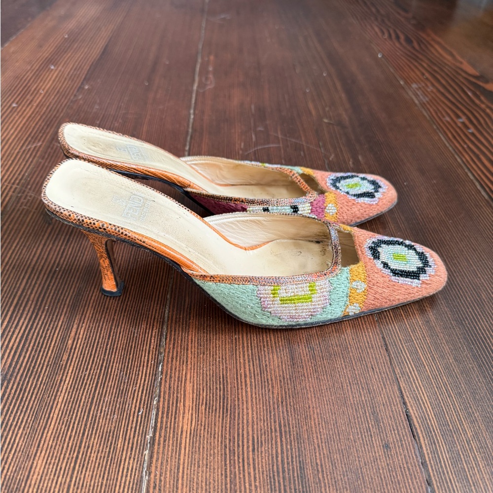 Fendi Beaded Multicolor Slip-On Heels in Peach, Black, White, Lime - Picture 3 of 6